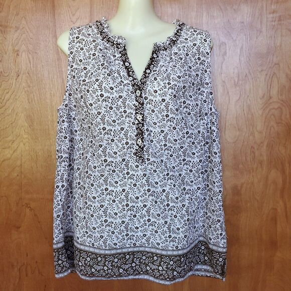 Talbots Sleeveless Cotton Popover Size L White Brown Ditsy Floral Ruffle Dainty - Picture 1 of 11